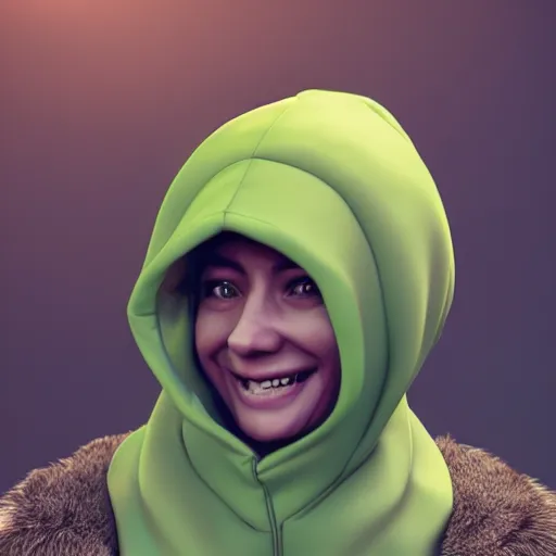 Image similar to a highly detailed, portrait of a character in a lime-colored hood with a round white mask with a smile, DeviantArt, professional, octane render, sunset lighting