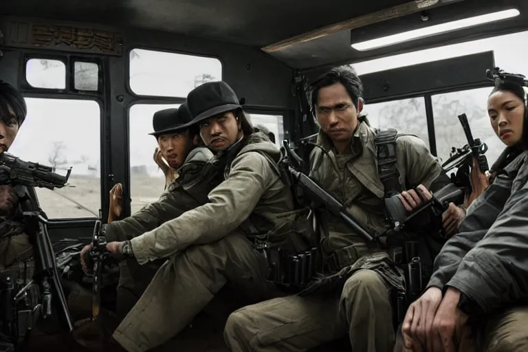 Prompt: movie diverse interracial team of Japanese robbers armed with rifles interior clean futuristic tactical van, beautiful skin, Symmetrical faces. natural lighting by Emmanuel Lubezki