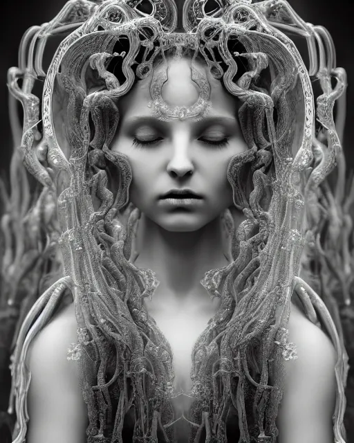 Image similar to surreal mythical dreamy underwater artistic black and white 3 d render of a translucent beautiful young female angelic - medusa - vegetal - doll, highly detailed, intricate crystal ivy jelly ornate, poetic, translucent algae ornate, digital art, octane render, 8 k artistic photography, photo - realistic, hg giger flora borsi