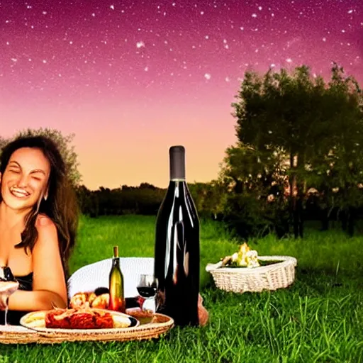 Prompt: romantic picnic with wine bottles under the stars