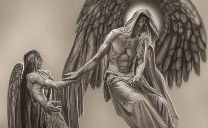 Prompt: a striking portrait of the angel of death meeting god, hyperrealistic drawing by philip weber