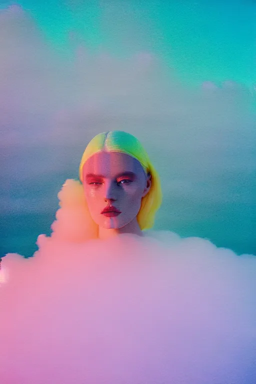 Image similar to high quality pastel coloured film close up wide angle photograph of a model wearing clothing swimming on cloud furniture in a icelandic black rock!! environment in a partially haze filled dreamstate world. three point light, rainbow. photographic production. art directed. pastel colours. volumetric clouds. pastel gradient overlay. waves glitch artefacts. extreme facial clarity. 8 k. filmic.