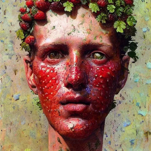 Prompt: a sculpture portrait made of moss and strawberries and mud and plants, painting part by wojciech siudmak, part by ilya repin, part by max ernst, part by norman rockwell, artstation