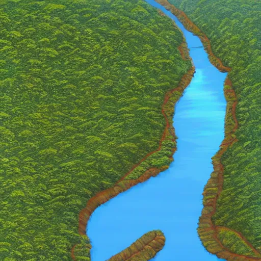 Image similar to amazon river winding through the rainforest, concept art, illustrated, highly detailed, high quality, bright colors, optimistic,