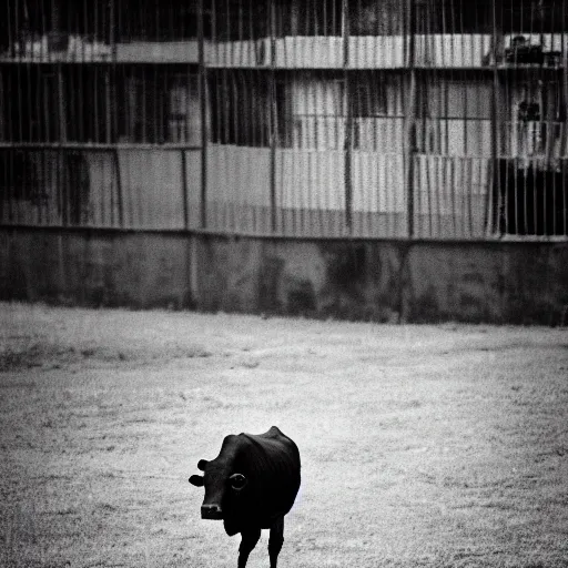 Image similar to cow running from a cage to a light of freedom