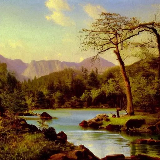 Prompt: beautiful natural spring in the mountains, idyll, wild nature, hudson river school painting, naturalism