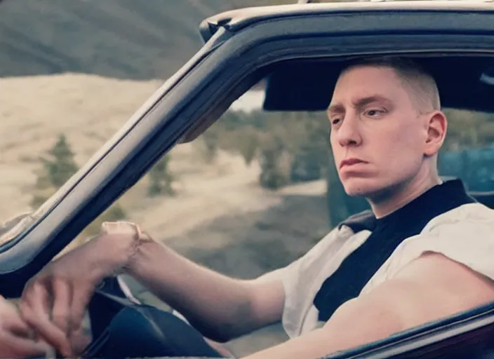 Image similar to a very high resolution image from a new movie, eminem driving a car. inside of a car. alone. mountains, directed by wes anderson