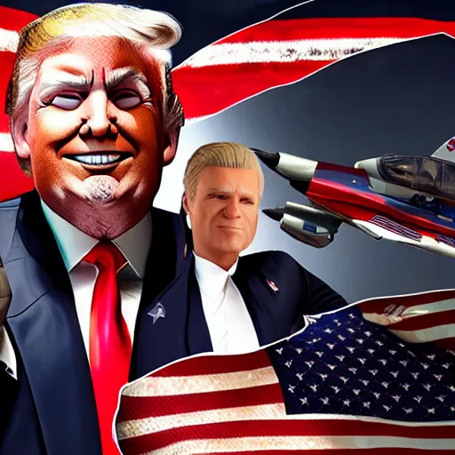 Image similar to Donald Trump with jet fighter pilots body, realistic artstyle, wide shot, dramatic lighting, octane render, hyperrealistic, high quality, highly detailed, HD, beautiful, cinematic, 8k, unreal engine, facial accuracy, symmetrical