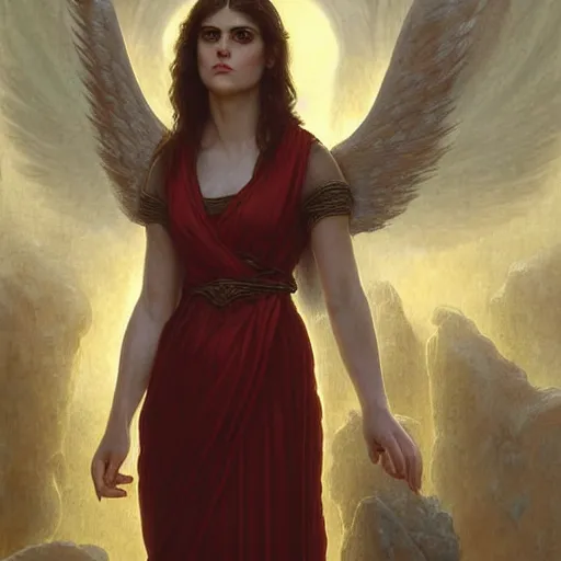 Prompt: alexandra daddario as an angel standing in the front of gates of hell. angel is draped with bones. digital painting. art station. mood lighting. skindness, highly detailed, concept art, intricate, sharp focus, einar jonsson and bouguereau - h 1 2 0 0