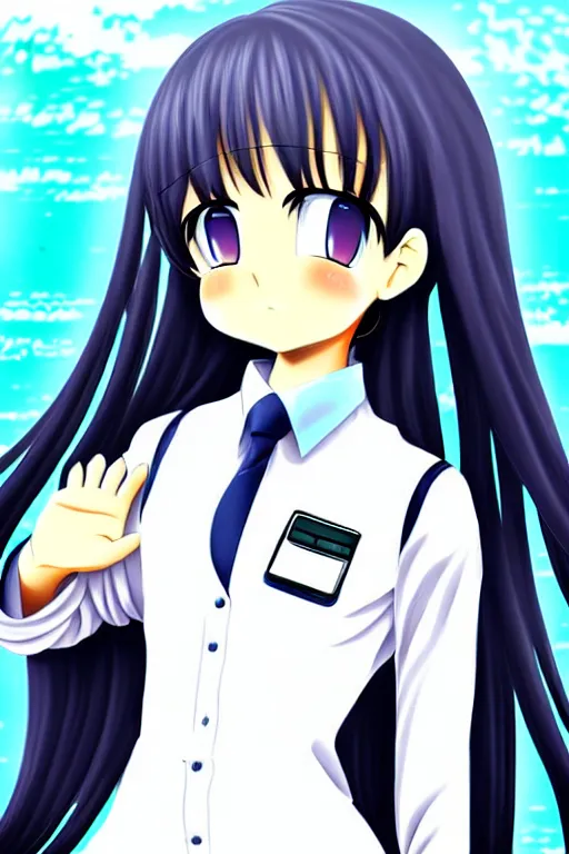 Image similar to full body anime portrait of a cute android girl round eyes long hair dressed in a school uniform inside the school, stunning, highly detailed, anatomically correct