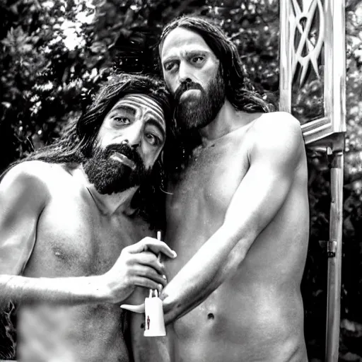 Image similar to jesus and satan smoking a bong together, award winning candid photography, cinematic