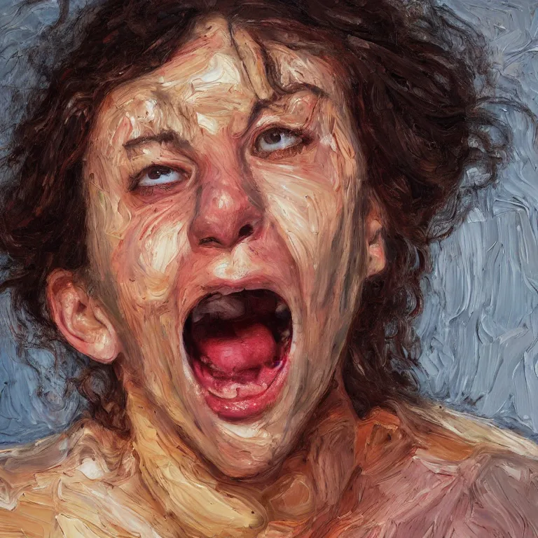 Image similar to warmly lit close up studio portrait of angry!! screaming! teenage Elaine Benes furious!, impasto oil painting thick brushstrokes by Lucian Freud and Cy Twombly and Tim Hawkinson , trending on artstation dramatic lighting Expressionism