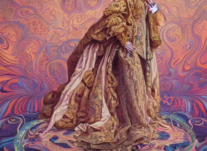 Prompt: beautiful oil painting, full length portrait of Emma Watson as Louis xiv in coronation robes 1701, Dan Mumford, Dan Mumford, Alex grey, Alex grey, highly detailed , lsd visuals, dmt fractal patterns, hallucinogen, visionary art, psychedelic art, ornate, vaporwave, baroque