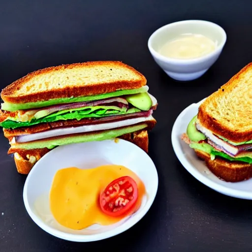 Image similar to sandwich with fried tofu, one red tomato slice, mayo, onion, avocado, melted cheddar, in a red dish, background saturn and stars in the sky