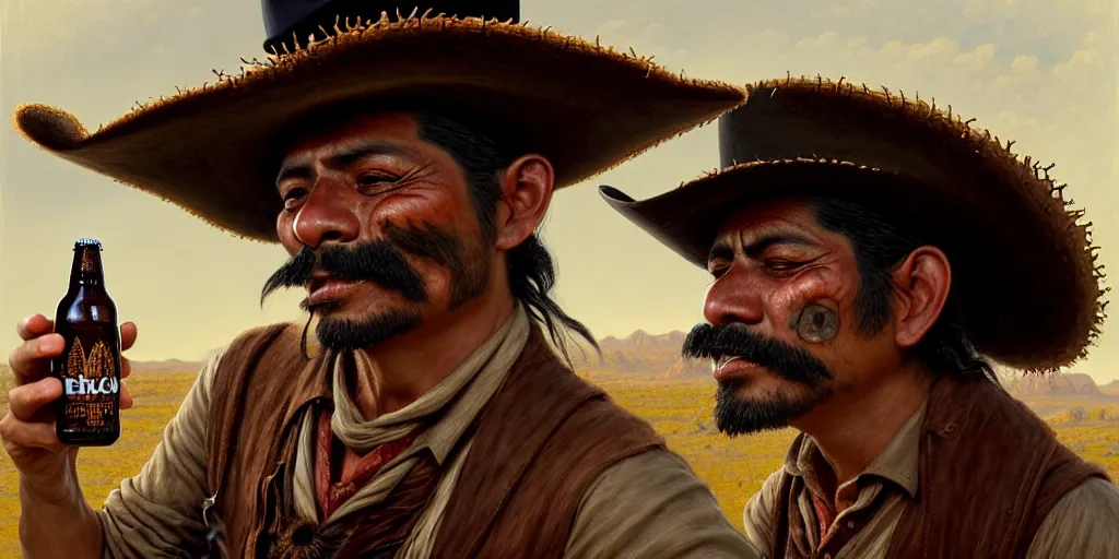 Image similar to illustration of a mexican man, missing one front teeth, with one small, dirt, wild west, with hat drinking a beer on train station, fantasy, intricate, elegant, highly detailed, digital painting, artstation, concept art, matte, sharp focus, art by aenaluck and roberto ferri and greg rutkowski, epic, juan caloto, [