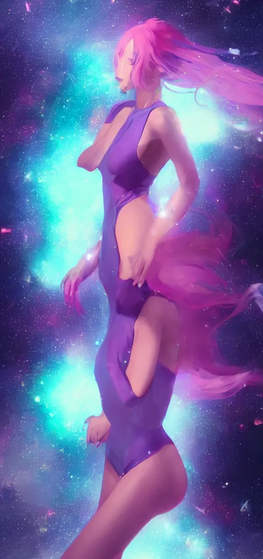 Image similar to beautiful woman floating in space peacefully, crystallized bodysuit, pinks blue an purples, extra long hair, full body, wojtek fus, by Makoto Shinkai and Ilya Kuvshinov,