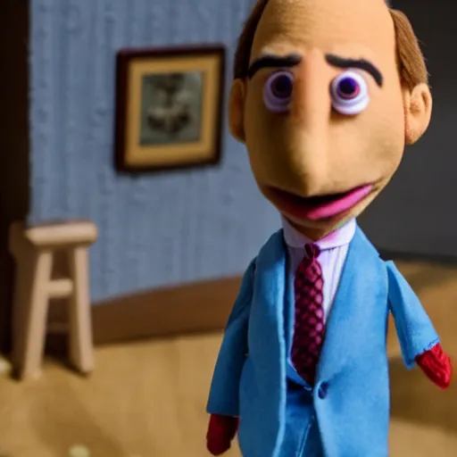 Image similar to Bob Odenkirk as Saul Goodman realistic Muppet puppet, wide lens, diorama, 4k,