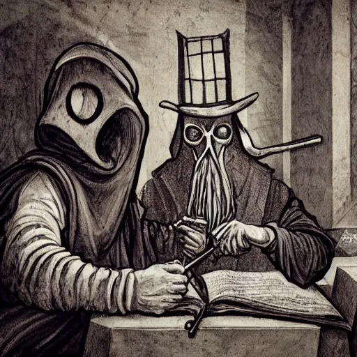 Prompt: leonardo davinci and a plague doctor hosting a podcast, intricate, highly detailed, comic book and renaissance art style, 4 k, concept art, table with microphones