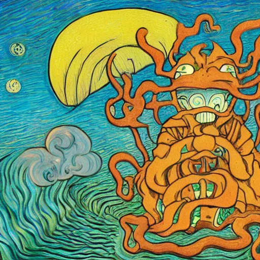 Image similar to whimsical silly detailed painting of a terrifying demon, in the style of studio ghibli and moebius and claude monet and vincent van gogh