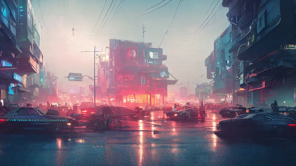 Prompt: Professional photograph of a suburban cyberpunk town during midnight, police patrolling, 4k, cozy wallpaper, ray tracing, Unreal engine, trending on Artstation, award-winning, art by Greg Rutkowski, by Chris Moore