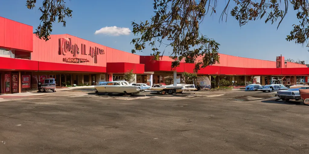 Prompt: Overgrown parking lot of a 1950s shopping center, mid century architecture, googie architecture, wide angle, red image tint