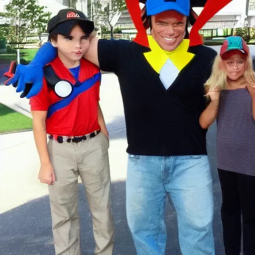 Image similar to Arnold schwarzenegger dressed up as Ash Ketchum, he is a pokemon trainer