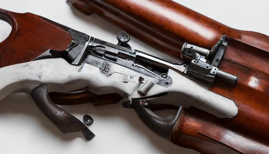 Image similar to Product photo of muzzleloaded flintlock AK47 laying on a white background from the site grabAgun , white background. professional product photography, gunsmithing, top down photo, 4k. high quality