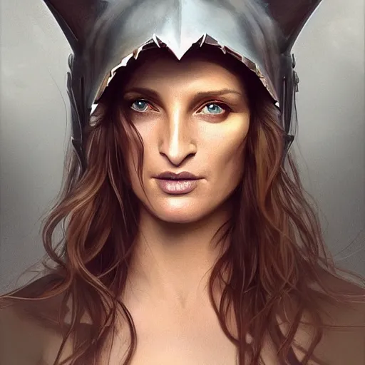 Prompt: an attractive young heavily pierced female wearing an shark helmet, uma thurman, olive skin, long dark hair, beautiful bone structure, intricate, elegant, highly detailed, digital painting, artstation, concept art, smooth, sharp focus, illustration, art by artgerm and greg rutkowski and alphonse mucha