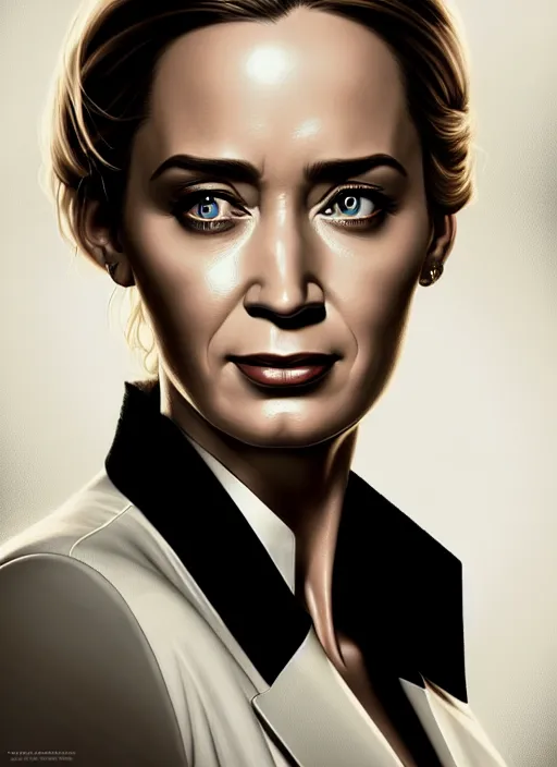 Prompt: portrait of emily blunt as business woman, black suit, white shirt, black tie, intricate, headshot, highly detailed, digital painting, artstation, concept art, sharp focus, cinematic lighting, illustration, art by artgerm and greg rutkowski, alphonse mucha, cgsociety