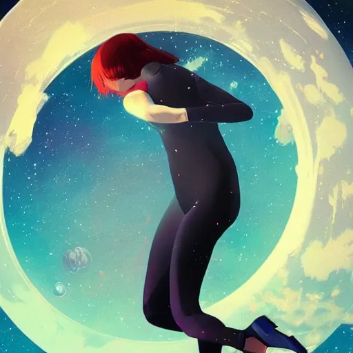 Image similar to ilya kuvshinov art of a woman floating in space