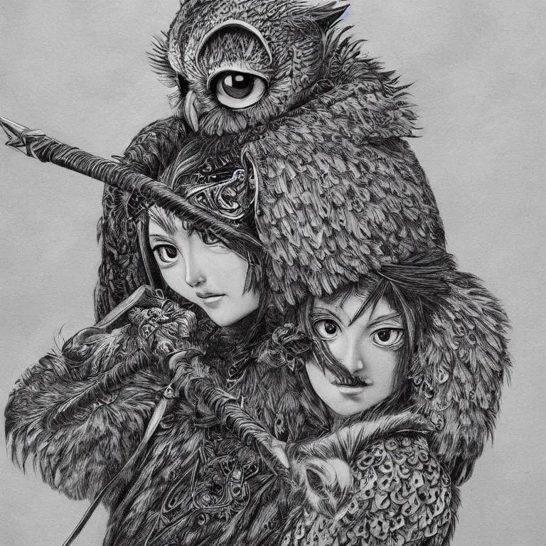 Image similar to female owl warrior, realistic proportions, sharp focus, beautiful face, in feather armor, wielding an owl axe, symmetrical, highly detailed, engraving kentaro miura manga art style trending on artstation 8 k
