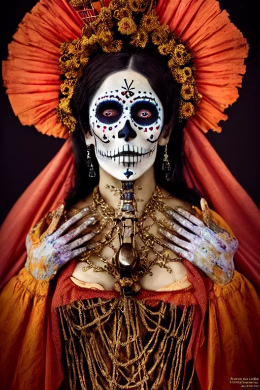 Image similar to 1 9 1 0's virgin mary dia de muertos dress and make up, horrific beautiful vibe, evocative, atmospheric lighting, painted, intricate, highly detailed, leesha hannigan, wayne haag, reyna rochin, ignacio fernandez rios, mark ryden, iris van herpen, stunning, gorgeous, sharp focus, cinematic, masterpiece