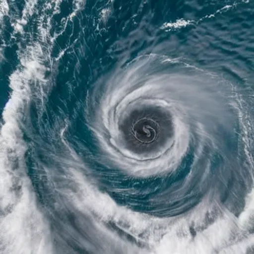 Image similar to wide angle photo of tall ship with ripped sails caught in giant spiral vortex whirlpool in a hurricane. apocalypse. pirates of the caribbean 4 k