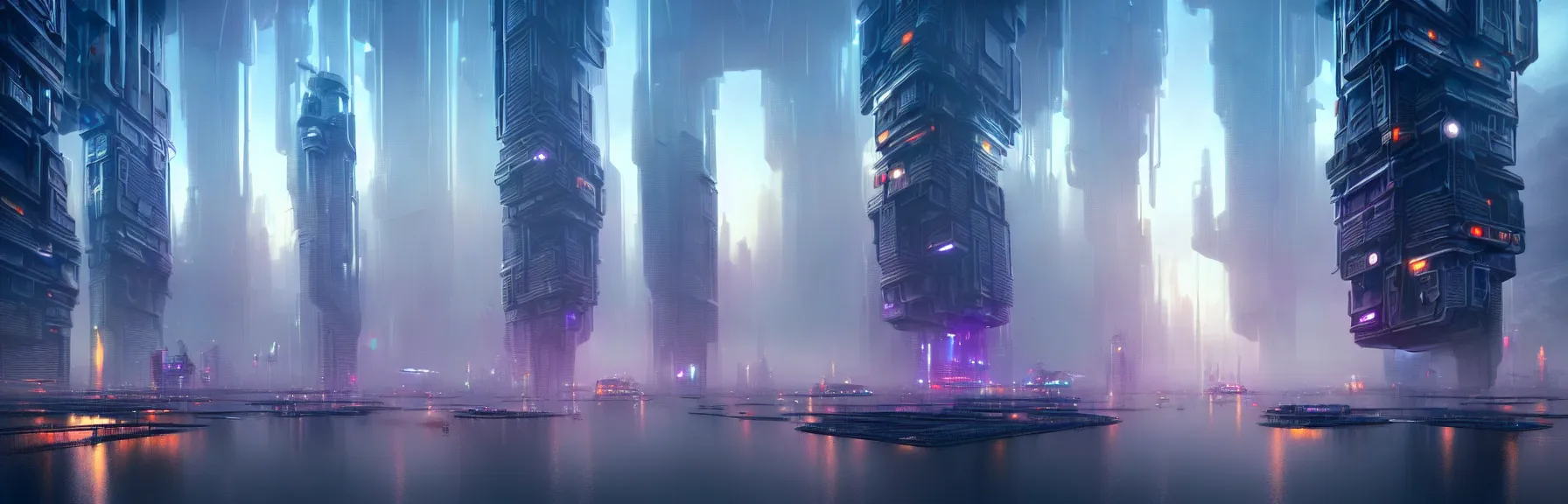 Prompt: futuristic cyberpunk multidimensional city harbour, skyscrapercity, multiple skyscrapers, mist, cranes, flying cars in air, detailed, evening, by james gurney, greg rutkowski, lighting by unreal engine, trending on artstation