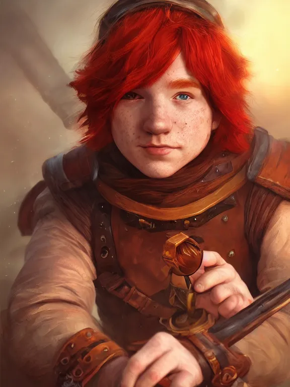 Image similar to portrait art of red - haired halfling bard 2 1 year old man!! freckles!!, 8 k ultra realistic, atmosphere, glow, detailed, intricate, full of colour, cinematic lighting, trending on artstation, 4 k, hyperrealistic, focused, extreme details, unreal engine 5, cinematic, masterpiece