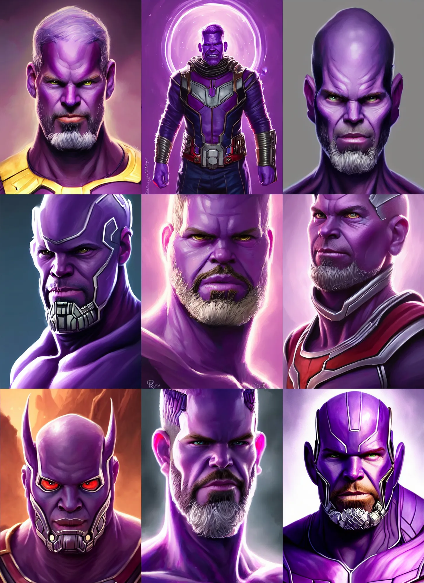 Prompt: a fantasy style portrait painting a character if scott lang ant man and thanos had a son purple skin, powerful chin, thanos style traits, painting, unreal 5, daz., rpg, portrait, extremely detailed, artgerm greg rutkowski _ greg