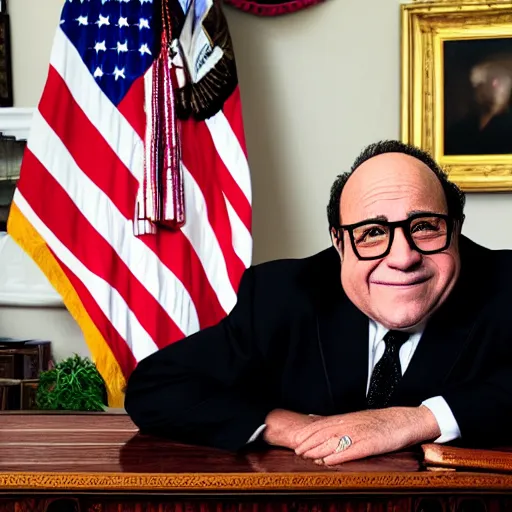 Image similar to closeup portrait of president danny devito!!! in the oval office, studio lighting, 8k