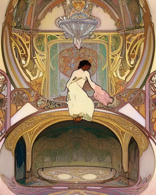 Image similar to painting by alphonse mucha, the interior of the opera house, in the depth of the hall there is an illuminated stage with a singer in a white dress, a palette of pastel colors