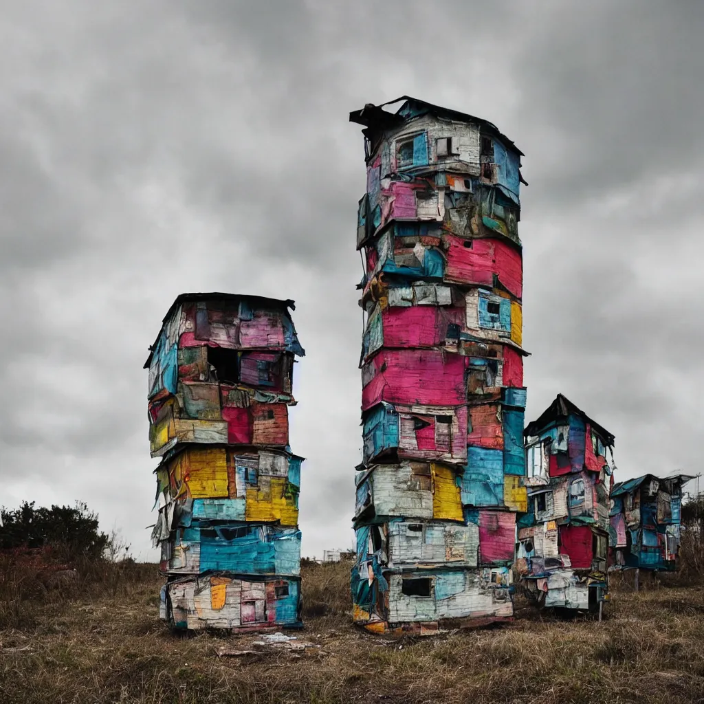 Image similar to close - up view of a tower made up of colourful makeshift squatter shacks, bleached colours, moody cloudy sky, dystopia, mamiya, very detailed, photographed by cristina de middel