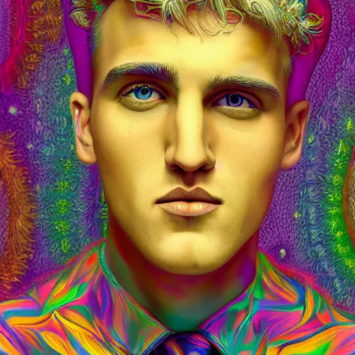 Image similar to an extremely psychedelic portrait of jake paul, surreal, lsd, face, detailed, intricate, elegant, lithe, highly detailed, digital painting, artstation, concept art, smooth, sharp focus, illustration