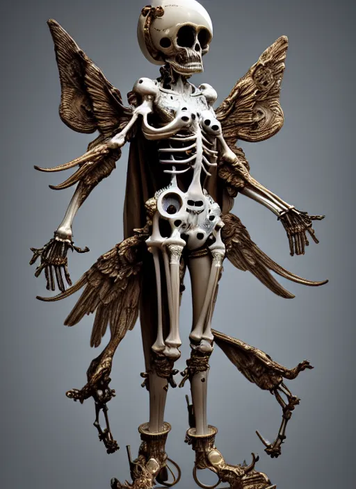 Image similar to a rococo statue of a bone spacesuit with steampunk details, occult cosmonaut inscribed with magic symbols, ivory marble statue, mohrbacher, giger, beksinski, 3 d rendering, structure, beautiful lighting, skeletal wings, uncanny, micro detail