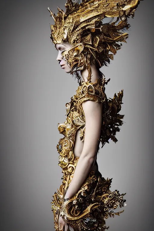 Image similar to a portrait of female model by stefan geselle and nekro borja, photorealistic, intricate details, hyper realistic, fantasy, ornate metal gold headpiece, photorealistic, canon r 3, photography, wide shot, photography, dark beauty, symmetrical features, wide angle shot, whole body, full body shot, standing pose, feet on the ground