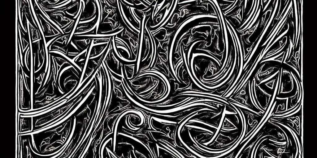 Prompt: masterpiece, intricate black death metal logo calligraphy by thomas bokler, wildan slam art, behance, detailed white letters on black background