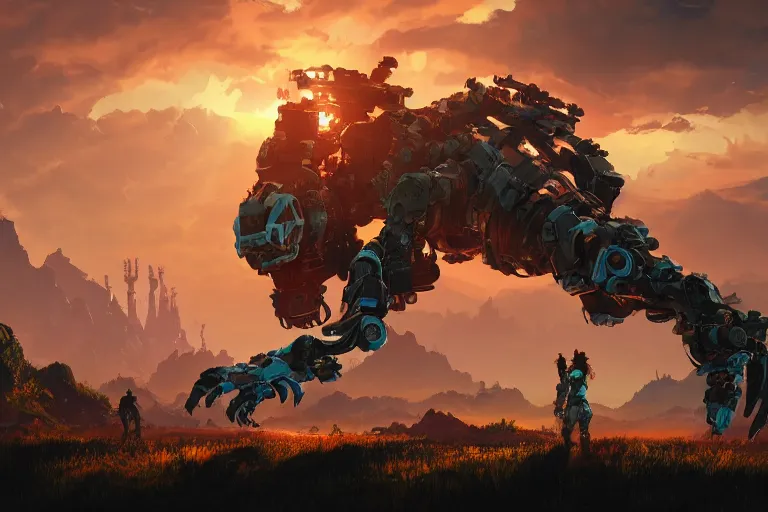 Image similar to scorcher machine mecanical creature robot of horizon forbidden west horizon zero dawn radiating a glowing aura global illumination ray tracing hdr fanart arstation by ian pesty and alena aenami artworks in 4 k