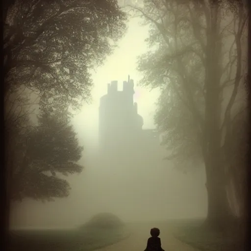 Image similar to a dark vallcy with a huge gloomy castle, fog. a little boy and a black cat