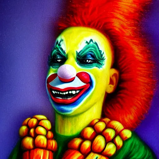 Image similar to UHD photorealistic Cosmic Corn on The Cob wearing a clown costume with real clown makeup in the style of tonalism