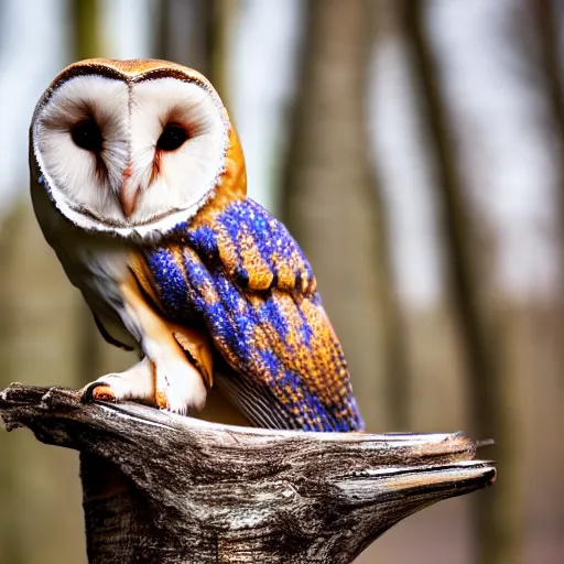 Image similar to ”A barn owl sitting on a Nike shoe standing on a birch stump, 4K, Sigma 55”