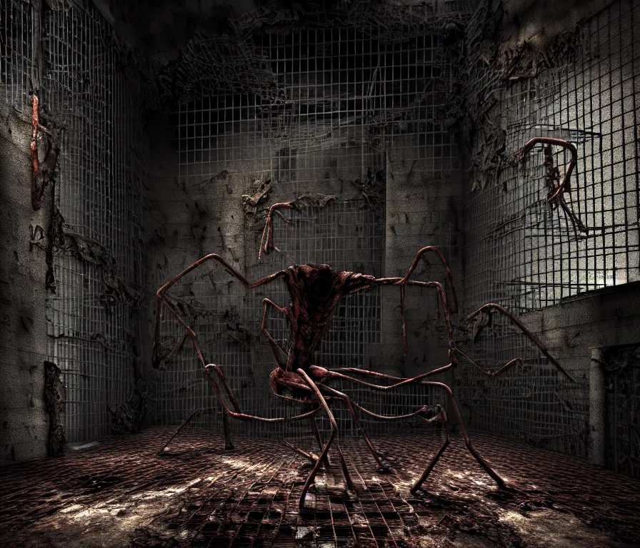 Image similar to creepy huge suffering humanoid with long limbs sits. an underground very dark gloomy multi - layered structure of rusty thick iron grates, dense chain - link fencing and peeling walls. inside view, collapsed floors, bent rusted iron, masterpiece, black background, corners, cinematic, hyperdetailed, photorealistic, hyperrealism, octane render, shadows