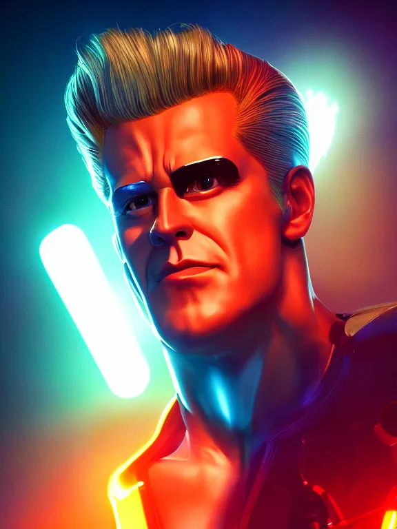 Prompt: portrait art of ultra realistic retro futuristic johnny bravo, lens flare, atmosphere, glow, detailed, intricate, blade runner, cybernetic, full of colour, cinematic lighting, trending on artstation, 4 k, hyperrealistic, focused, extreme details, unreal engine 5, cinematic, masterpiece