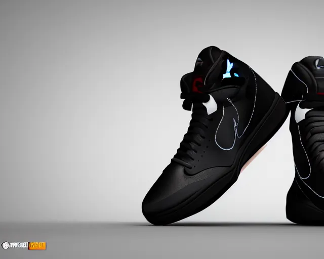 Image similar to 3D render of mid height air jordan sneakers with joker design, cinematic, studio lighting, award winning